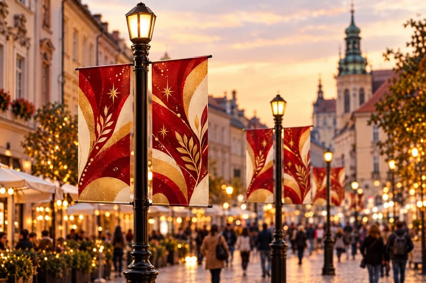 Vizualizace: dvojité pouliční vlajky Avenue na lampách pěší zóny