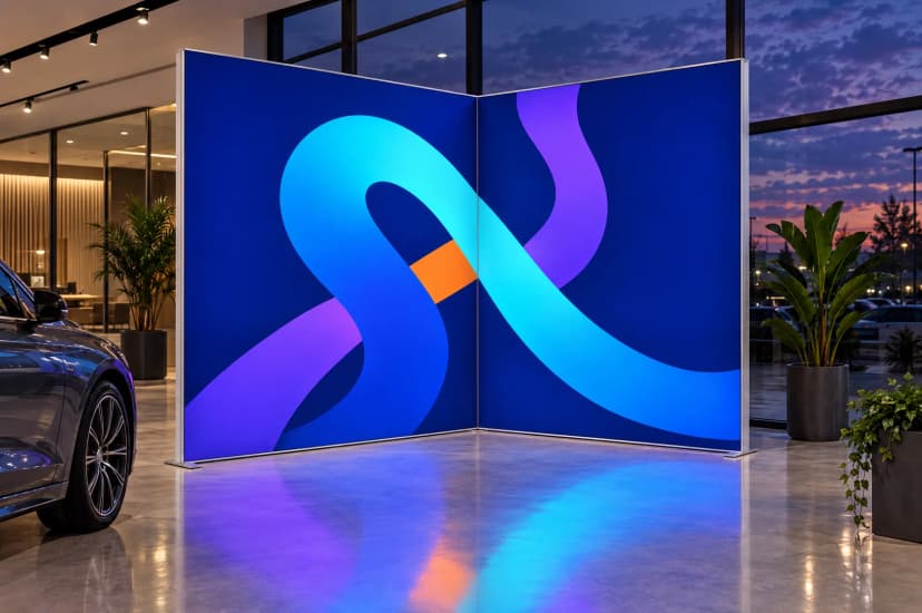Vizualizace: dvě stěny LED Backlight spojené konektorem 90° v showroomu