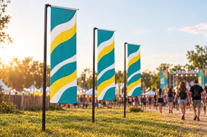 Vizualizace: tři beachflagy H u vstupu na festival