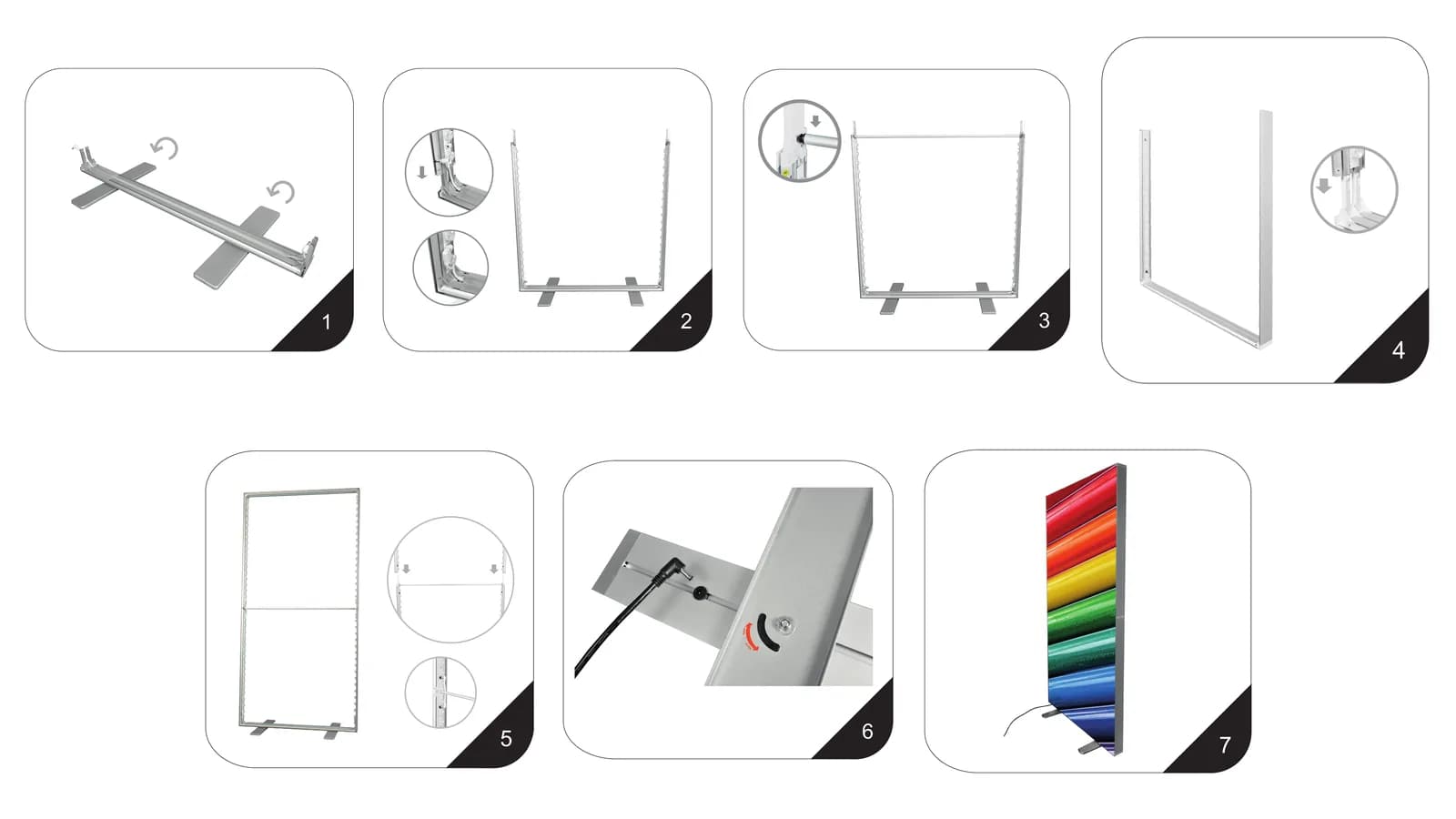 Kresby z návodu k montáži stěny LED BOX: otočení nohou, spodní část rámu, příčka, horní část, spojení rámu, zdroj a grafika
