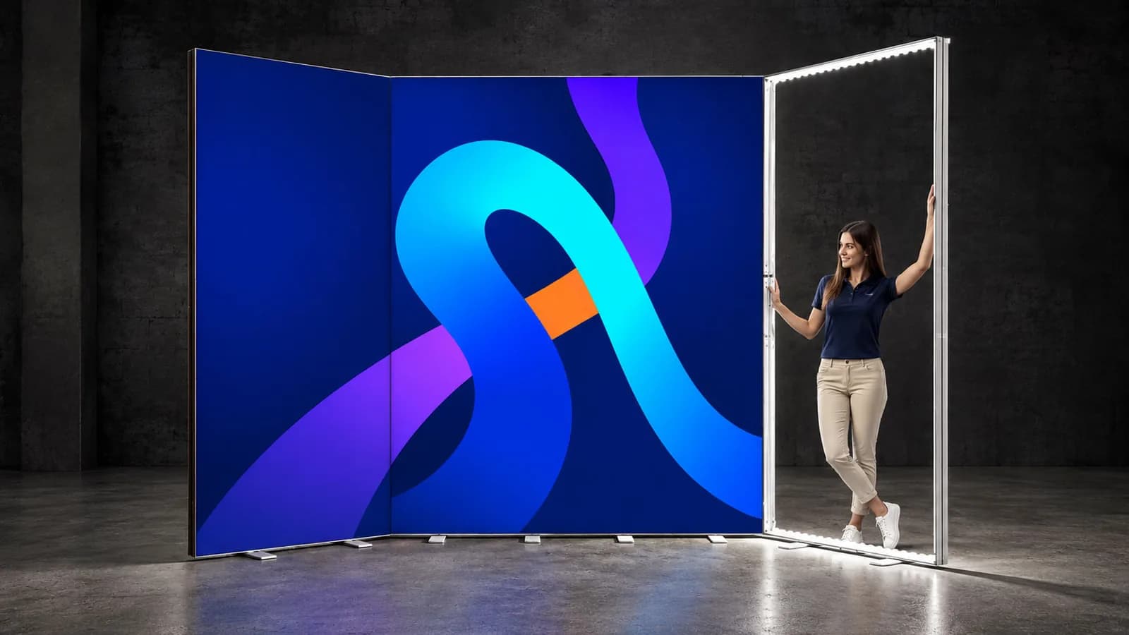 Sestava ze spojených stěn LED BOX s jedním motivem grafiky vedle svítícího rámu bez textilie, ve kterém stojí žena
