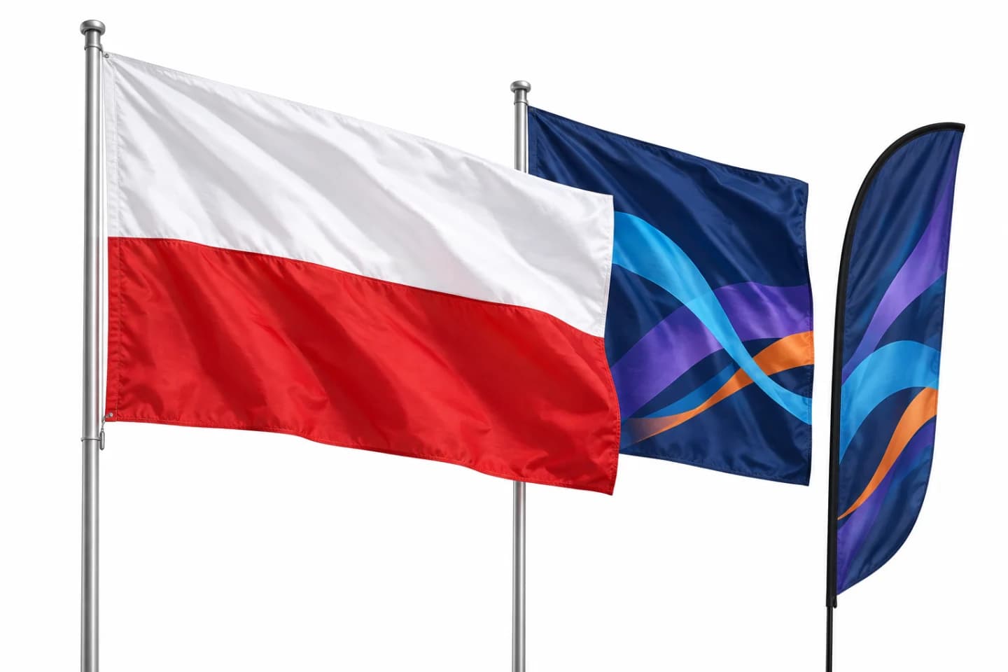 Bílo-červená polská vlajka, firemní vlajka a beachflag s barevnou grafikou na bílém pozadí