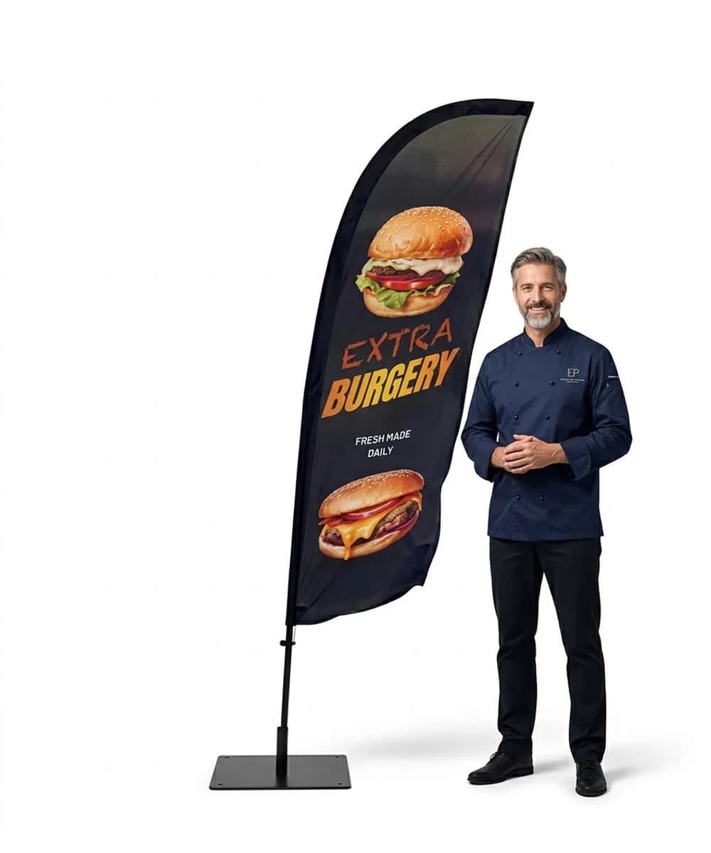 Reklamní vlajka Winder – Hamburgery fast food – vzor 1 – konfigurovatelná sada
