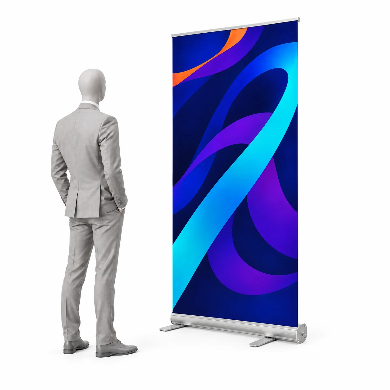 Roll-up Standard 85 × 200 cm s ukázkovou grafikou vedle siluety člověka