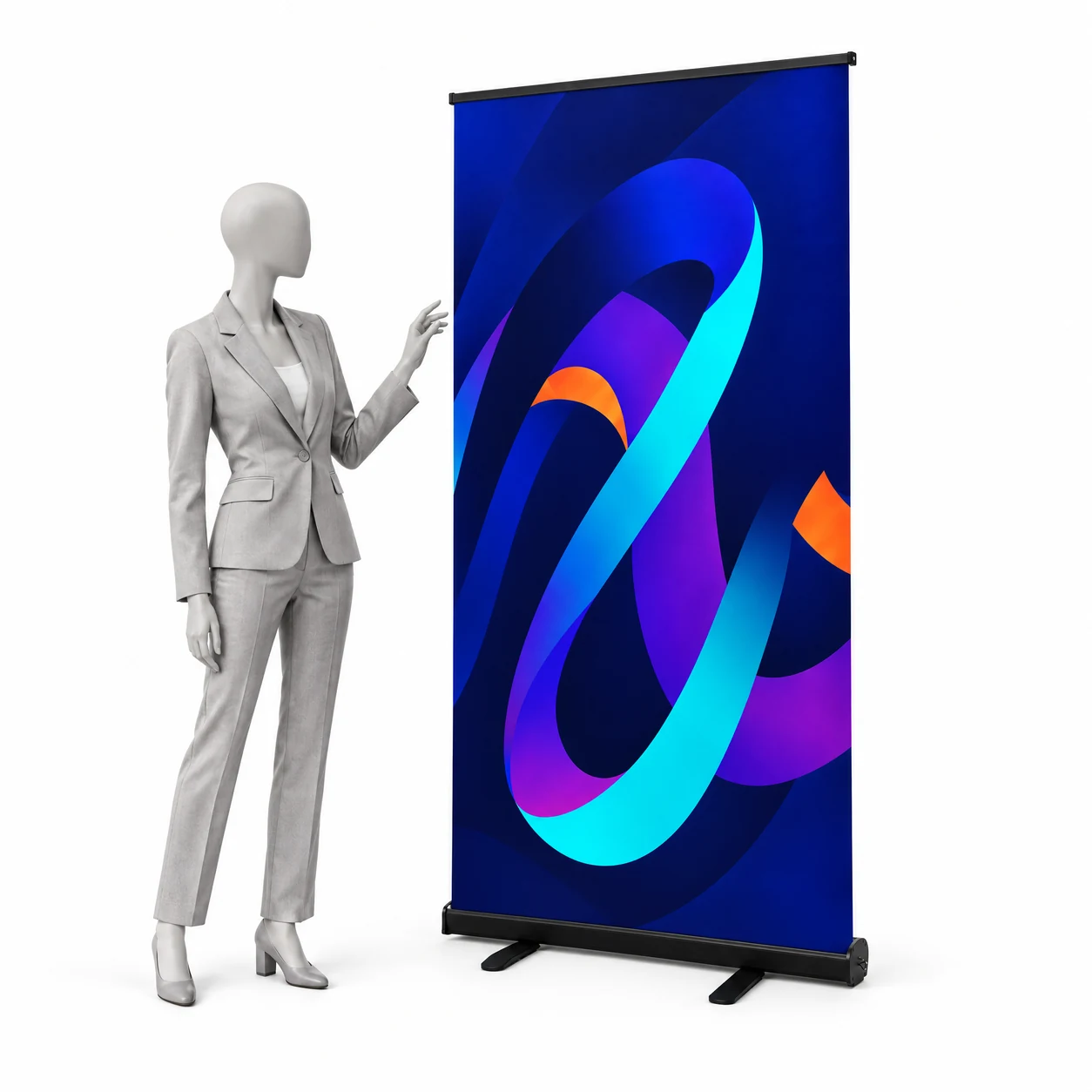 Roll-up Standard Black 85 × 200 cm s ukázkovou grafikou vedle siluety člověka