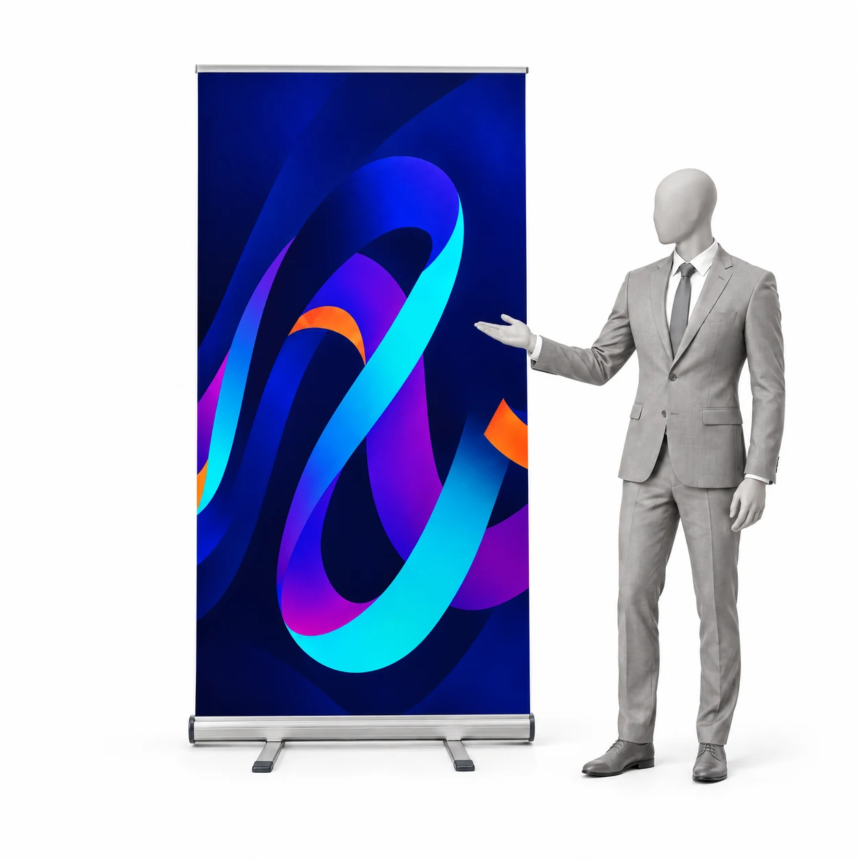Roll-up Premium 80 × 200 cm s ukázkovou grafikou vedle siluety člověka